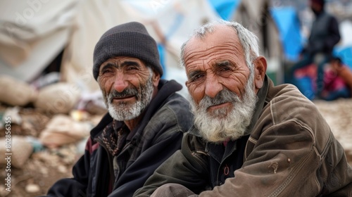 Elderly Gentlemen Friends in Refugee Camp Setting. World Refugee Day