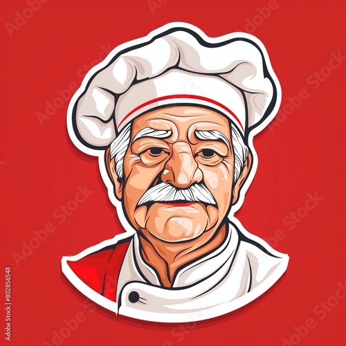 An elderly male chef illustration style sticker with white outline on a solid red background
