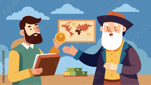 An antique map seller showing off a rare collection to a wideeyed customer describing each ones unique story.. Vector illustration