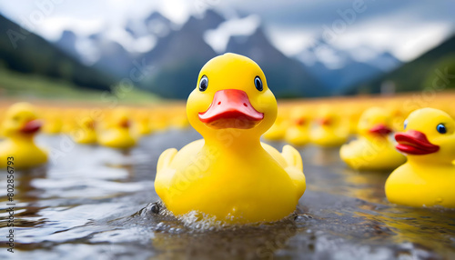 Group of Yellow Rubber Ducks Floating on Lake. Generative AI