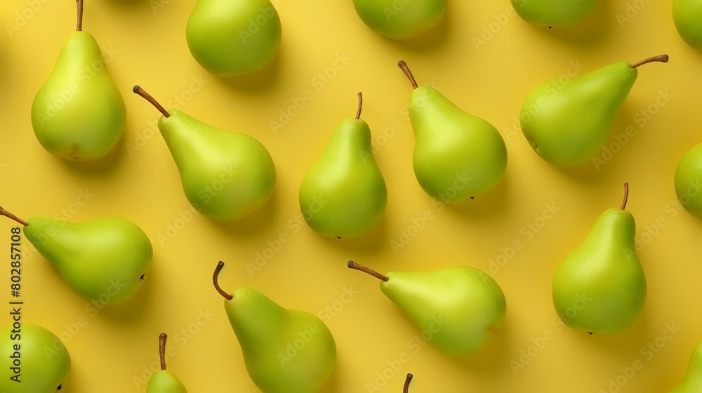 Ripe green pears on yellow background. Flat lay, top view Ripe green pears on yellow background. Flat lay, top view