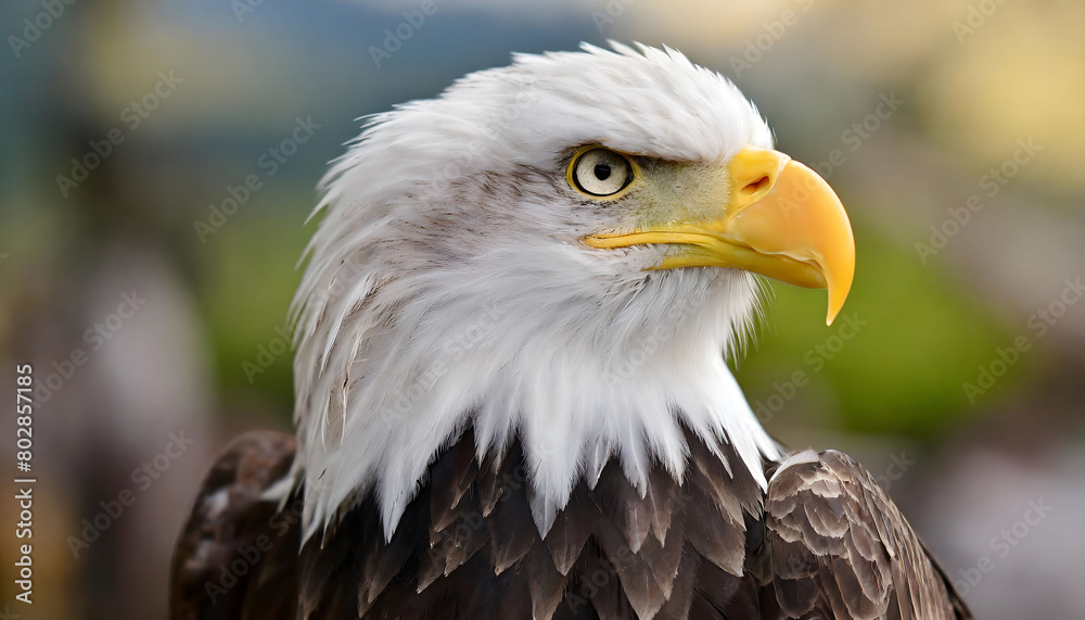 Close-Up of a Bald Eagle With Blurry Background. Generative AI Close-Up of a Bald Eagle With Blurry Background. Generative AI