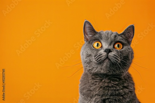 funny british shorthair cat portrait looking shocked or surprised on orange background with copy space  © Barra Fire