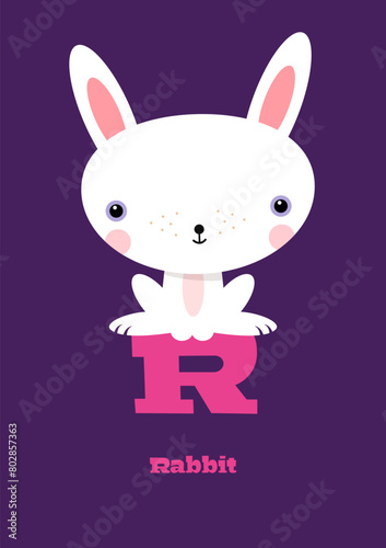 Rabbit – Typographical Vector Illustration Kawaii-ABC, cute characters, cheerful detailed graphic for nursery decoration, poster, invitations, greeting cards, bright colors, R