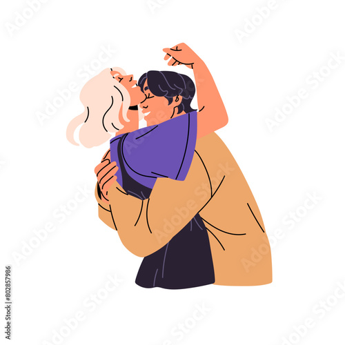 Happy couple hugs, shows feelings. Homosexual girls love, cuddle. Romantic partner intimate kisses lover in neck. Sensual foreplay in LGBT relationship. Flat isolated vector illustration on white