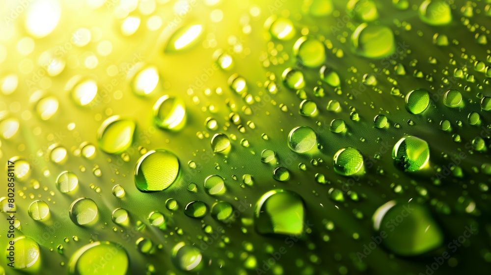 Bright Green Water Droplets on Surface
