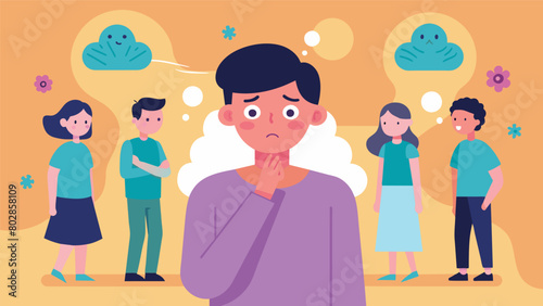 A person with sensory sensitivities avoiding a social gathering because of overwhelming background noise and unfamiliar smells.. Vector illustration