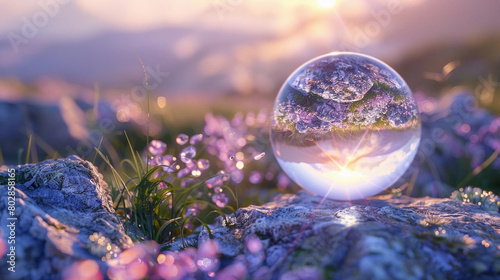 Glass ball and flowers in the grass
