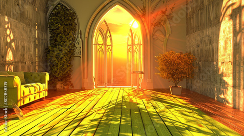 Homey 3D living space with an arched entrance, green wooden floor, and sunset light. Vector.