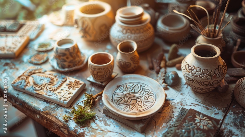 Traditional pottery stamps on a wooden table. Craft workshop scene with ceramic tools