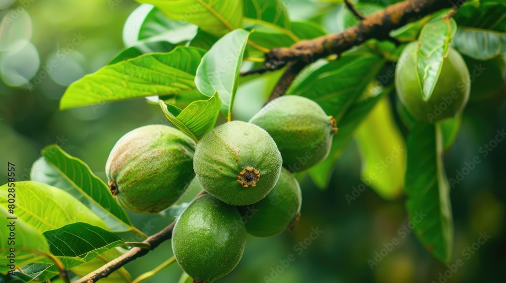 Green guava fruit on tree with raindrops. Green guava fruit on tree with raindrops.