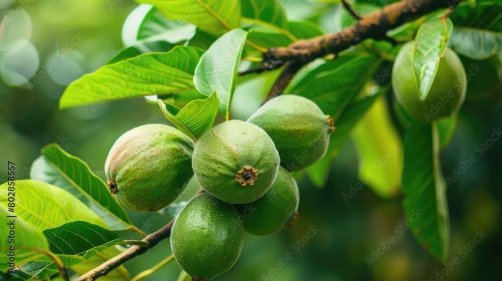 Green guava fruit on tree with raindrops.