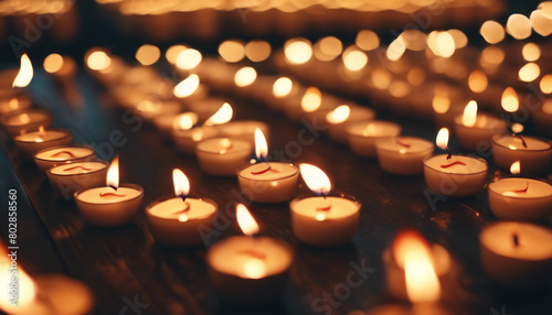 dozens of small and decorative meditation candles burning inside the temple