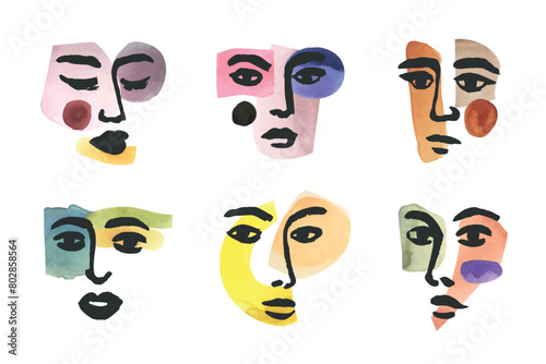 Vector set of woman collage faces, ink hand drawn portraits with painting. Creative fashion concepts, prints, cubism illustration. 