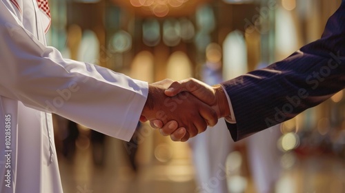 Close-up of a handshake between two arab businessmen in a corporate setting