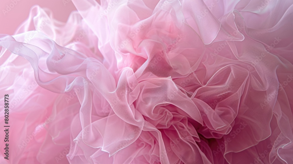Pink tulle fabric close-up texture. Full frame abstract background with soft waves. Pink tulle fabric close-up texture. Full frame abstract background with soft waves.