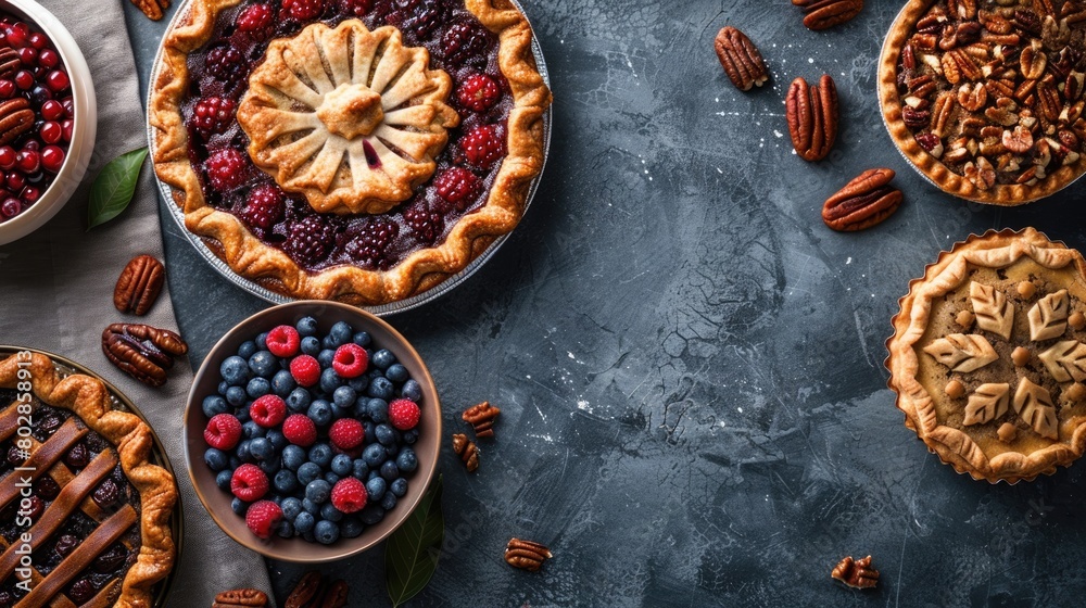 Assorted Berry and Pecan Pies on Dark Rustic Background Assorted Berry and Pecan Pies on Dark Rustic Background