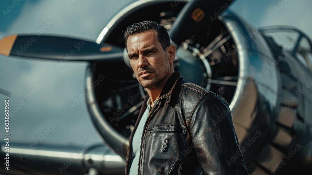 Pilot in leather jacket standing in front of a vintage airplane. Pilot in leather jacket standing in front of a vintage airplane.