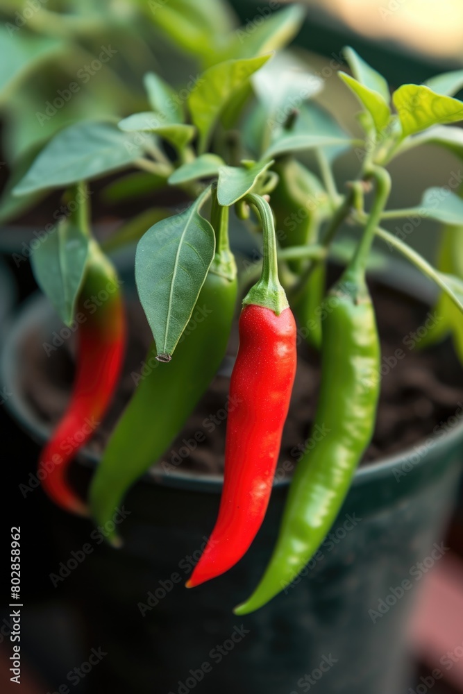 Vibrant Red and Green Chili Peppers Growing in a Pot Vibrant Red and Green Chili Peppers Growing in a Pot