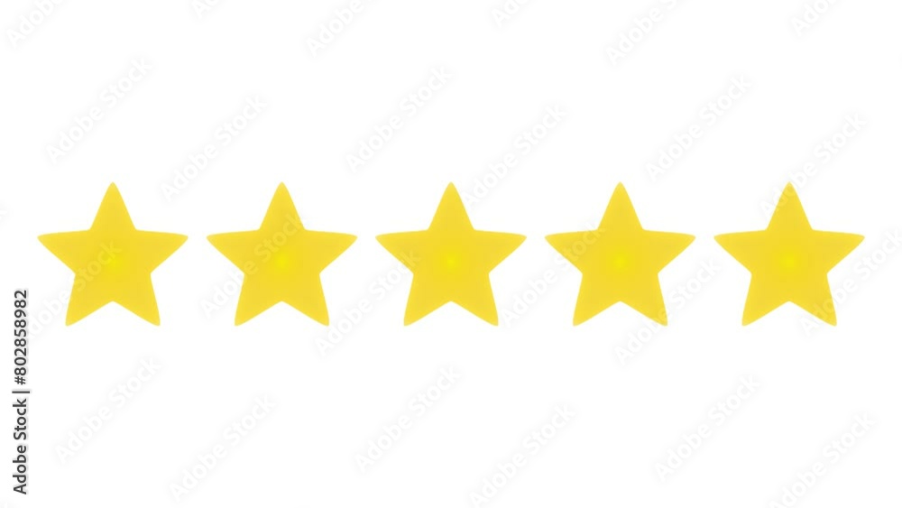 Five golden stars rating 4k animation on white background. Five golden stars rating 4k animation on white background.