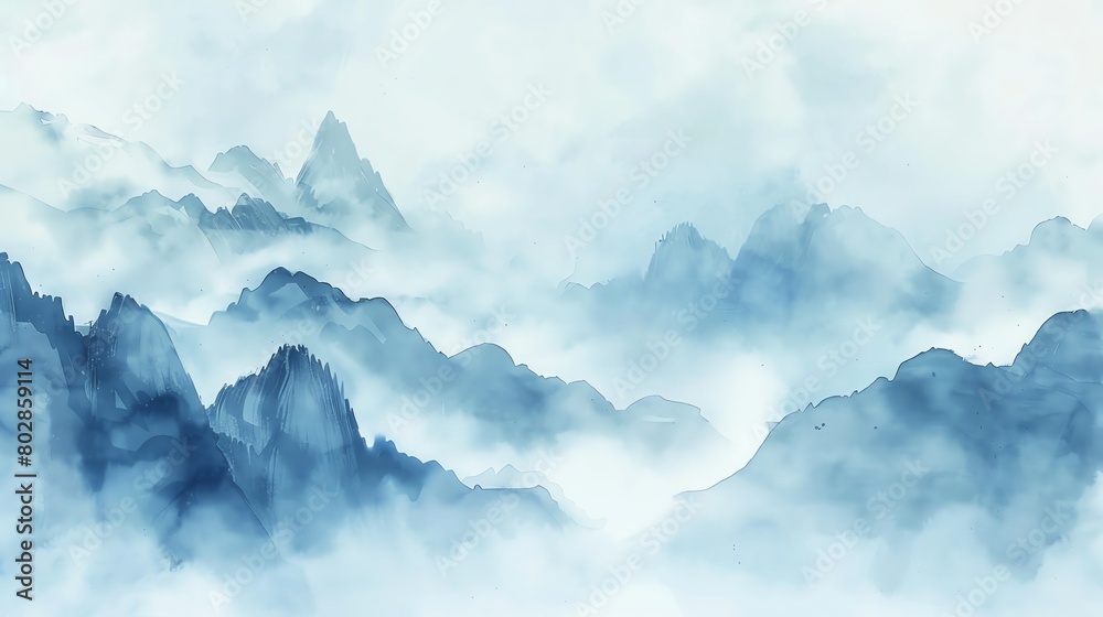 Bring to life the misty atmosphere of clouds drifting through mountain peaksWater color,  hand drawing