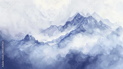Bring to life the misty atmosphere of clouds drifting through mountain peaksWater color, hand drawing