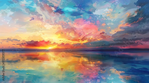 Illustrate the tranquility of a sunset over a tranquil lake, with colorful clouds mirrored in the waterWater color,  hand drawing © BURIN93