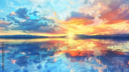 Illustrate the tranquility of a sunset over a tranquil lake  with colorful clouds mirrored in the waterWater color   hand drawing