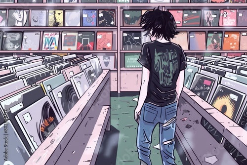 Cartoon cute doodles of an emo person browsing through vinyl records at a local record store, wearing a band t-shirt and ripped jeans, Generative AI