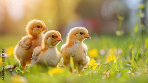 Yellow baby chickens were grounding in the farm to started feeding in the chicken farm business © millenius
