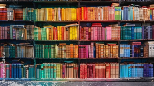 Colorful books in a bench background.