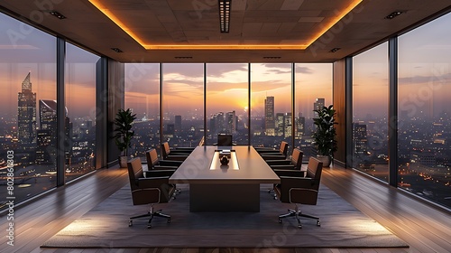 Develop an immersive depiction of business excellence unfolding in a modern boardroom, where innovation meets sophistication amidst panoramic urban vistas. photo