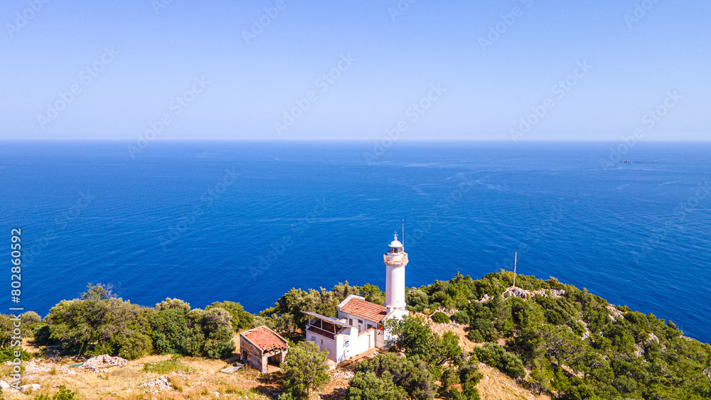 The scenic view of Gelidonya Lighthouse, which is one of the guide lighthouses of the Mediterranean, on the historical Lycian Way, Kumluca, Antalya.