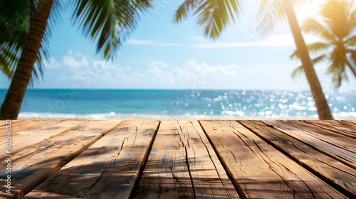 wooden table with a view of the beach and palm trees in the background  minimalistic photography for product showcase