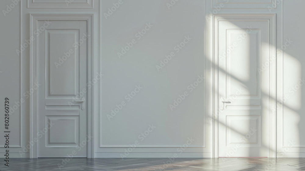 A photo of a white door in an empty room on a light background represents the concept of new beginnings and possibilities. A photo of a white door in an empty room on a light background represents the concept of new beginnings and possibilities.