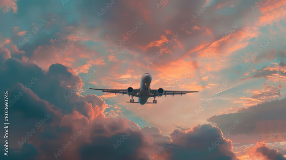 Fototapeta premium An airplane flying in the sky, with sunset, clouds, and a beautiful sky.
