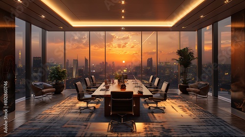 Develop an immersive depiction of business excellence unfolding in a modern meeting space, where innovation meets sophistication amidst panoramic urban vistas. photo