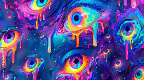 Bright acid purple cartoon psychedelic background with eye pattern photo