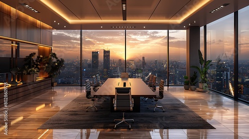 Develop an immersive depiction of business excellence unfolding in a modern boardroom  where innovation meets sophistication amidst panoramic urban vistas.