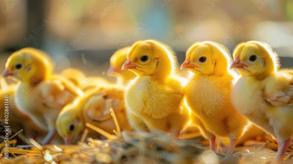 Yellow baby chickens were grounding in the farm to started feeding in the chicken farm business