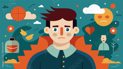 A series of digital illustrations featuring characters with exaggerated facial expressions and emotions reflecting the artists struggles with. Vector illustration