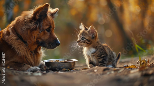 A dog and cat are seated next to each other, with the kitten partaking from its dish while observing its caretaker on the left side of the frame.