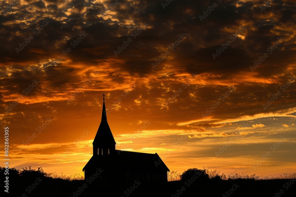 Fototapeta premium Step into the tranquil silhouette of a church steeple against the backdrop of a golden sunset, its silhouette standing out against, Generative AI