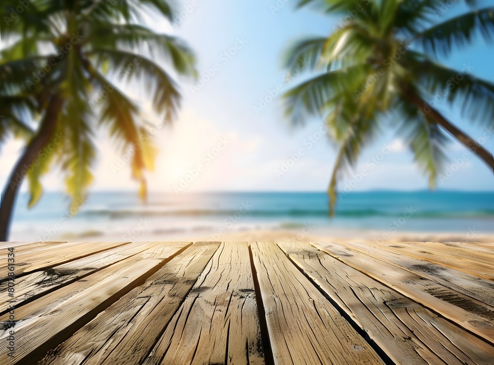 wooden table with a view of the beach and palm trees in the background, minimalistic photography for product showcase