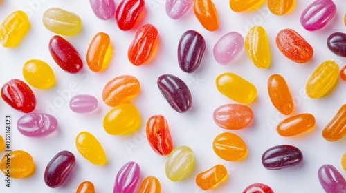 Bright and colorful jelly beans scattered on a white background closeup shot emphasizing the variety of flavors and vibrant colors