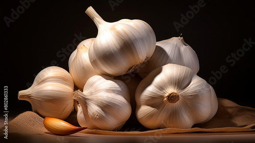 pile of dried garlic bulbs on a wooden table, black background