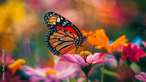 Butterfly resting on a colorful flower wings open to reveal unique markings ideal for nature and wildlife themes