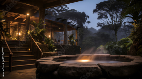Outdoor steaming thermal spring hot tub in the hotel resort at night  natural setting