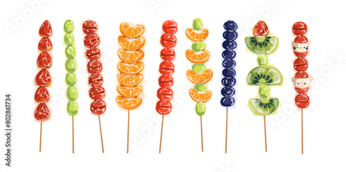 Tanghulu, Asian street food. Sugar-coated fruits and berries on sticks. Sweet Tang hulu snacks set. Skewered strawberry, tomato, kiwi candies. Flat vector illustration isolated on white background