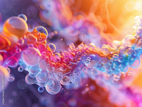 A 3D visualization of colorful molecules with transparent and reflective properties in a dynamic, fluid scene. 